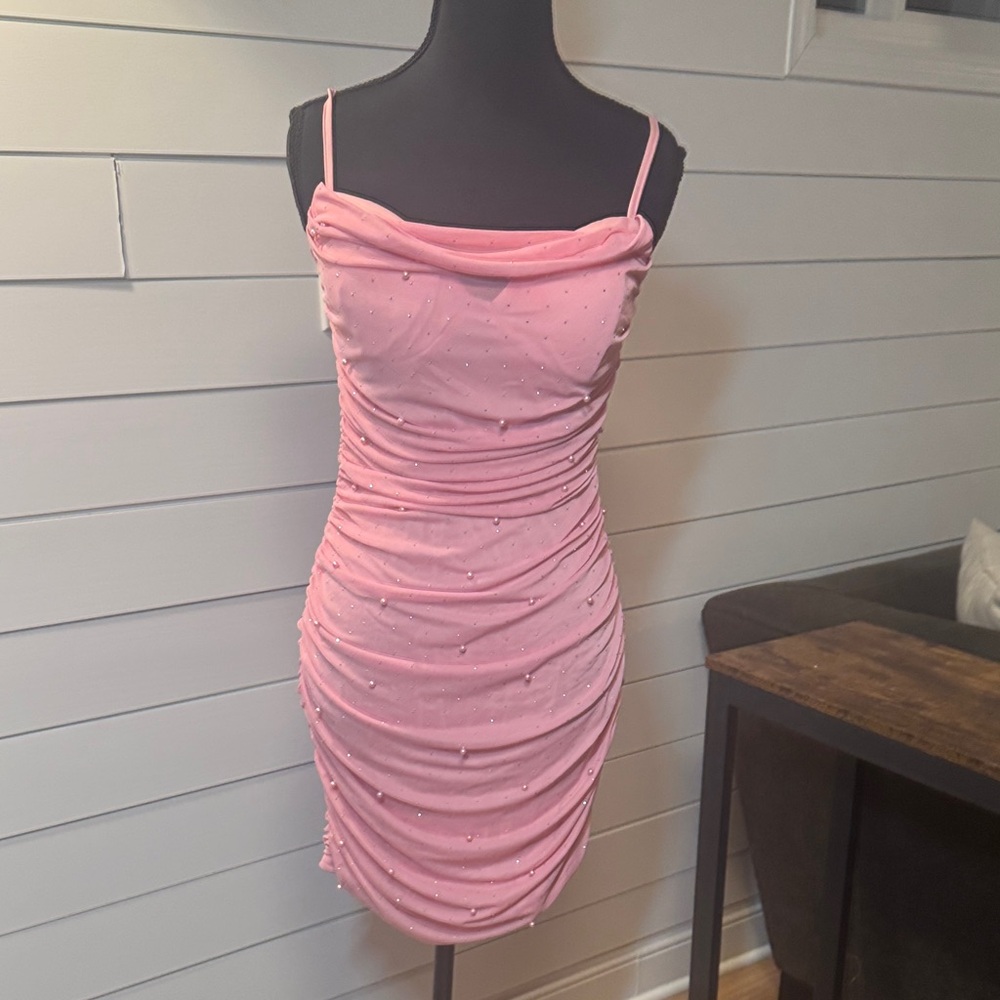 Windsor Pink Ruched Cowl Neck Mini Dress with Embellishments Size Large